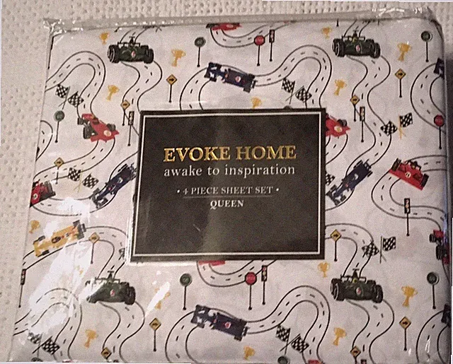 EVOKE HOME RACE CARS & TRACK 4 PIECE QUEEN SIZE SHEET SET Bedding NIP