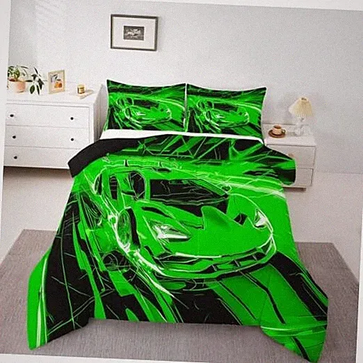 Green Race Car Comforter Set Size Extreme Sports Theme Twin Green and Black