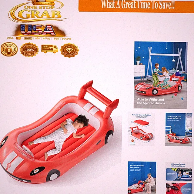 Inflatable Toddler Travel Bed with Sides, Racing Car Design, Red
