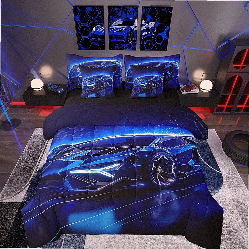 Kids Boys Sports Car 7 Piece Bedding Set Queen Size Blue Race Car Comforter Set