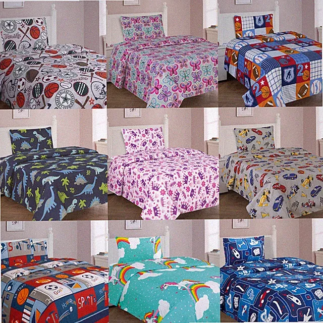 KIDS COMPLETE BED SHEET SET PRINTED DESIGN FLAT, FITTED SHEET AND PILLOW CASE