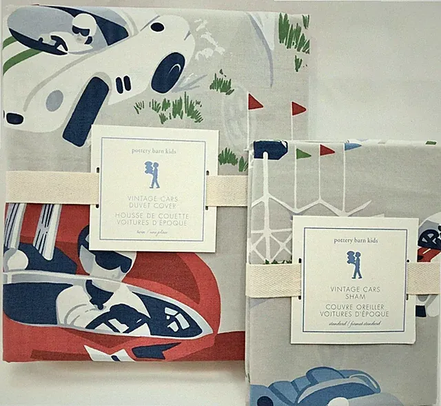 NEW Pottery Barn Kids Vintage Cars Twin Duvet Cover & Standard Sham, Auto, Race