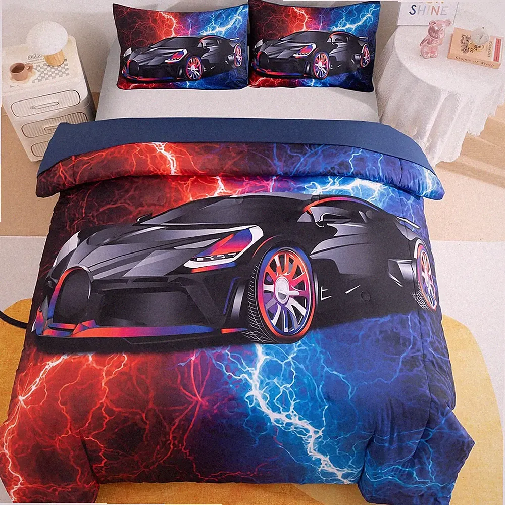 Podol 3 Piece Race Car Comforter Full Size Red Blue Sports Car Bedding Set Quilt