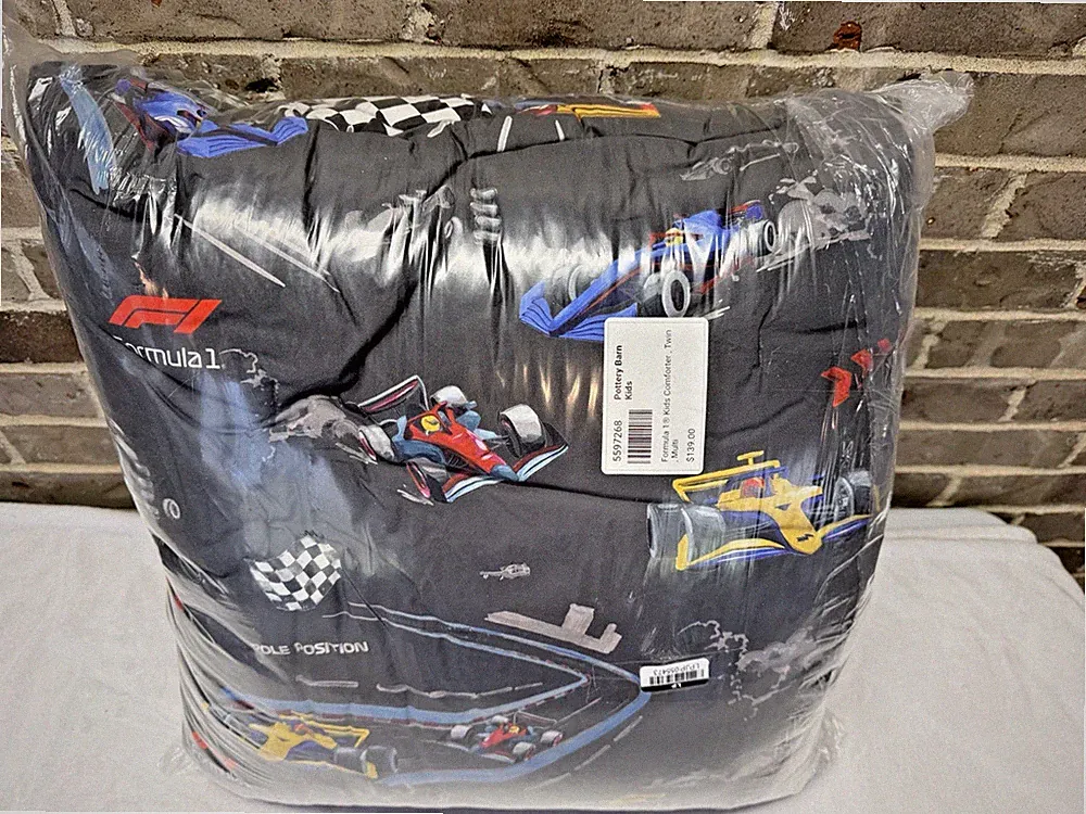 Pottery Barn Formula 1 Comforter TWIN SIZE Bedding Race Cars Checkered Flag NEW