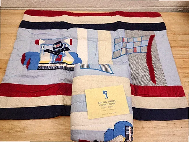 Pottery Barn Kids Quilted Pillow Shams Set of 2 Racing Stripes Patchwork NOS