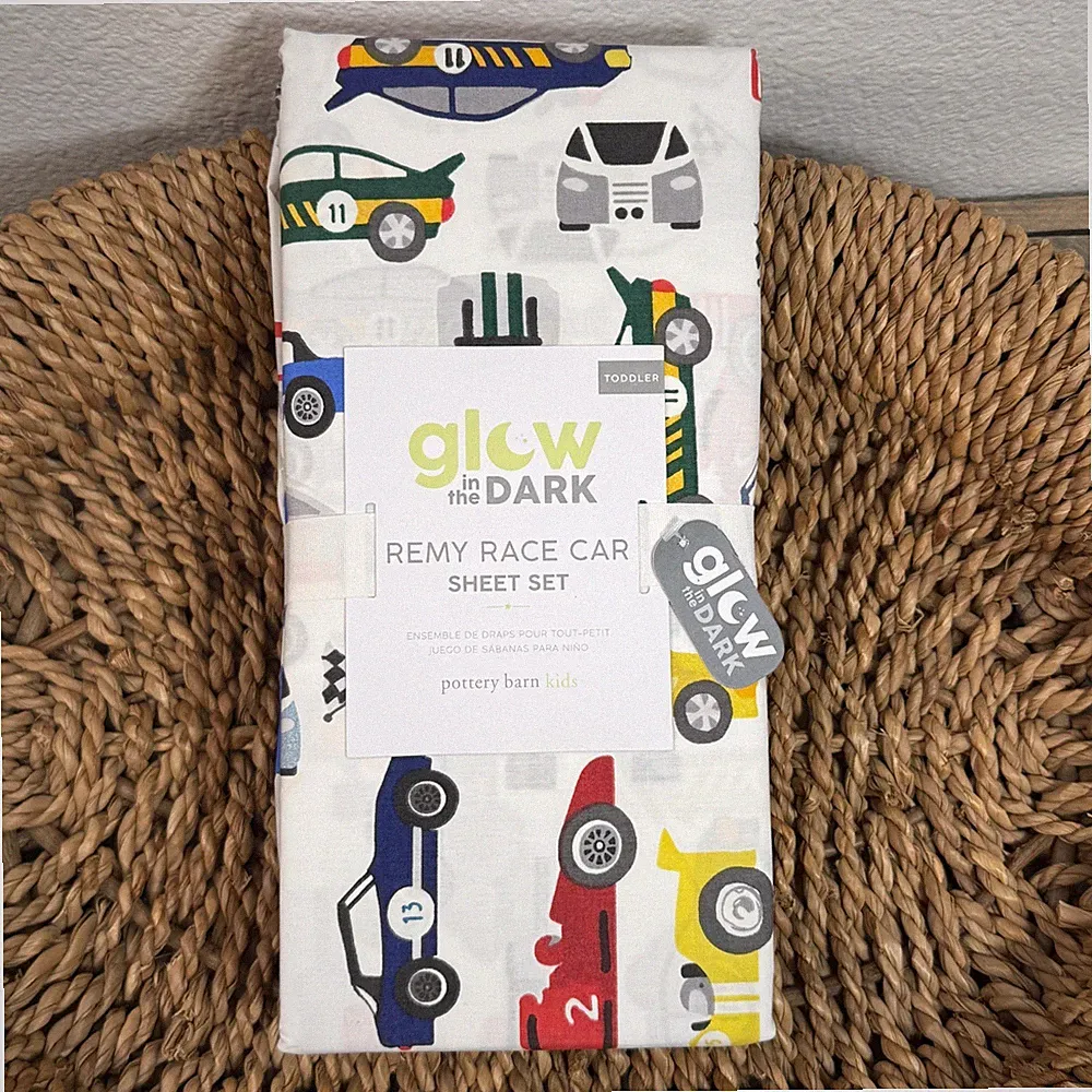 POTTERY BARN KIDS REMY RACE CAR GLOW-IN-THE-DARK TODDLER BED SHEET SET-NWT