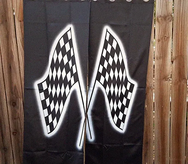 Pr 42x63 ~ Black & White RACE CAR WINGS FLAG CURTAIN PANELS NEW