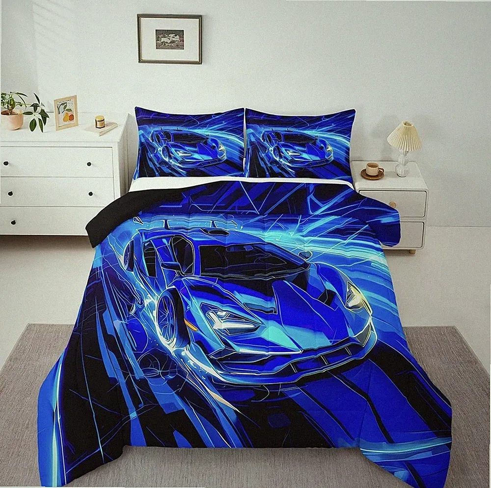 Queen Comforter Set Race Car Blue 1 Comforter with 2 Pillowcases Bedding