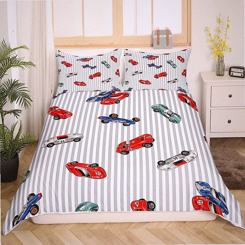 Queen Size Race Car Duvet Cover Set, 3 Piece Set, White, Grey, Modern, Sports...