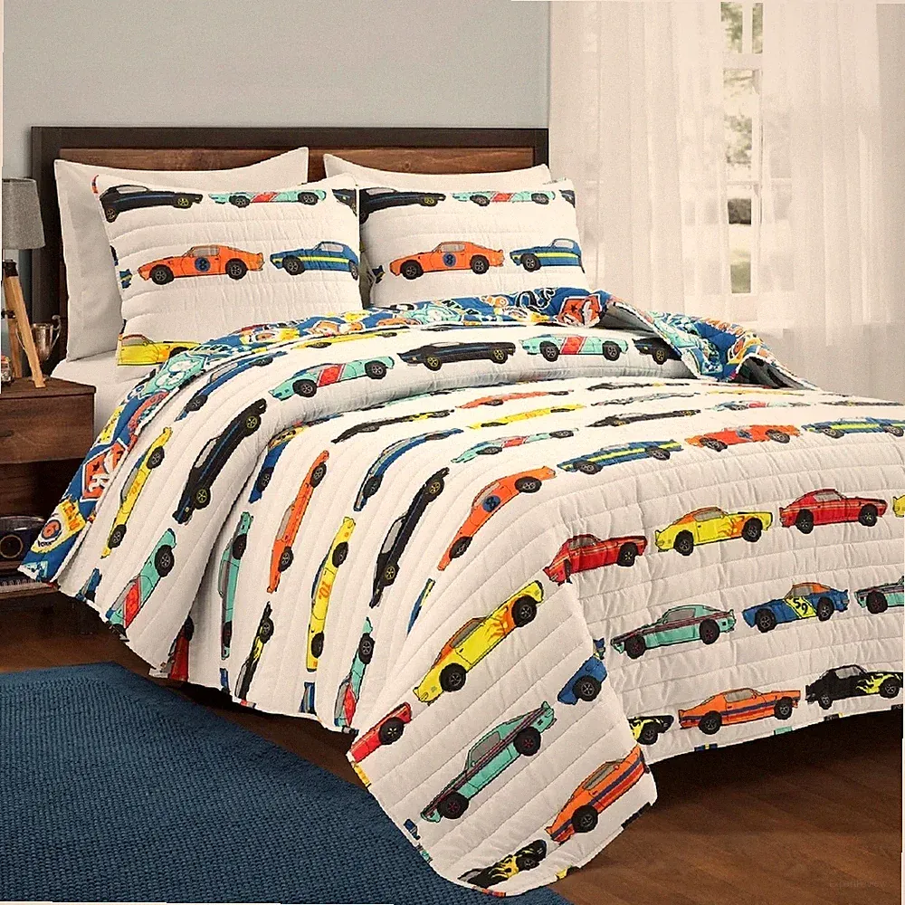 Quilt Set Queen Blue Red White Race Car Print Racing Boy Girl Bedding Cover