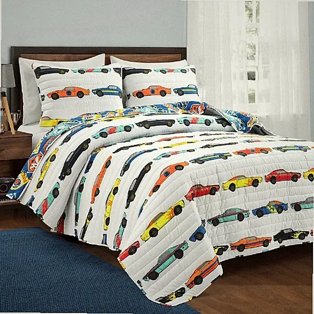 Quilt Set Twin White Red Yellow Blue Race Car Print Boy Girl Home Bedding Cover