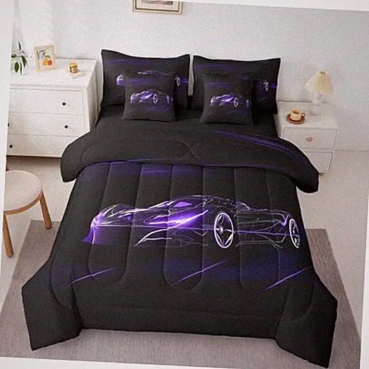 Race Car 7 Piece Bedding Set Size for Kids Boys Extreme Sport Twin Dull Purple