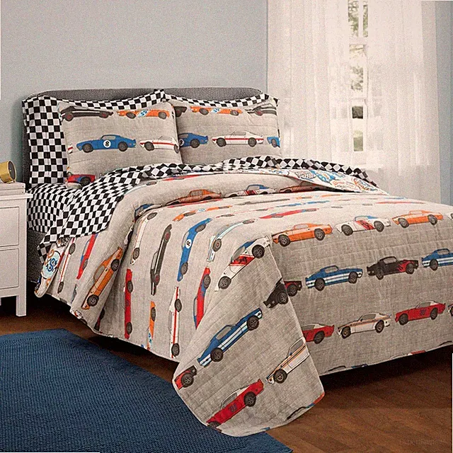 Race Car 7-Piece Oversized Quilt Set for Boys, Reversible Blue & Orange
