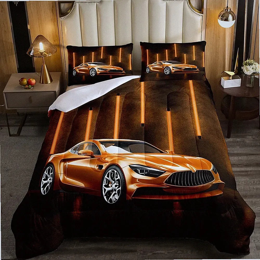 Race Car Bedding Twin Comforter Set, Toddler Race Car Bed for Boys Neon Lights