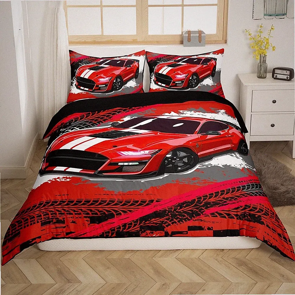 Race Car Duvet Cover Twin Size Red Racing Bedding Set for Boys Youth, Hippie...