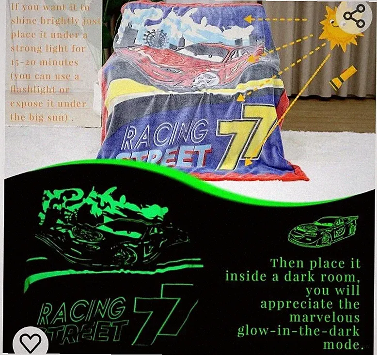 Race Car Kids Blanket/Throw ~ Glow in the Dark - 50" x 60"- NEW/SEALED
