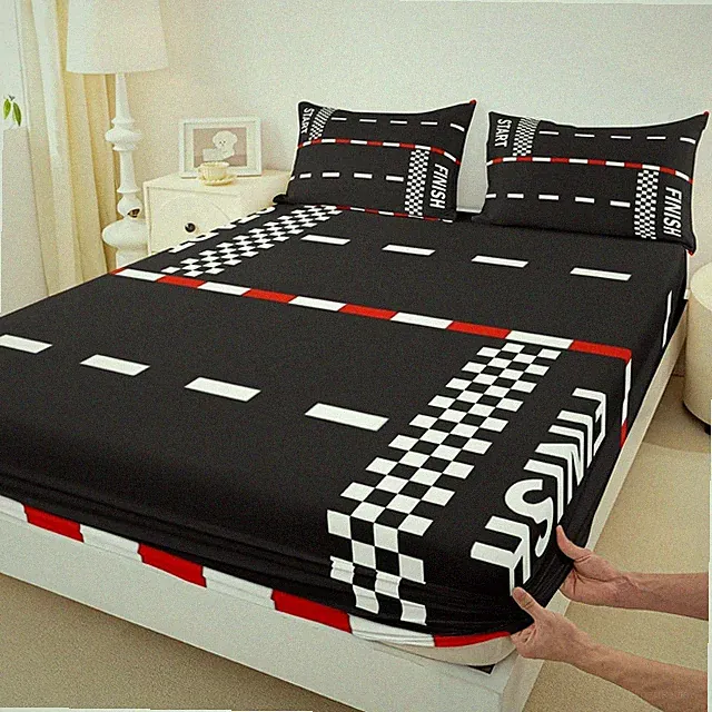 Race Car Track Bedding Set Twin Size Start and Finish Bed Set for Teens Bedro...