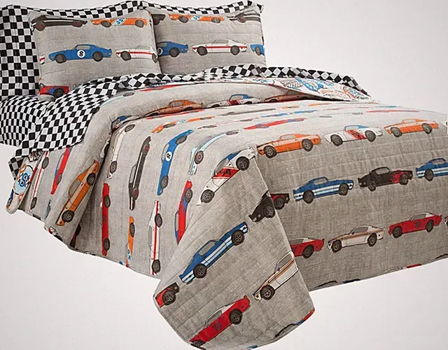 Race Car Twin Quilt Set for Boys, Reversible Blue & Orange Bedding, 5-Piece