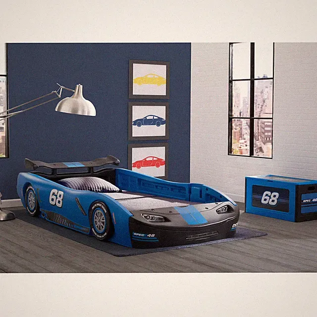 Race Car Twin Size Bed Frame Toddler Kid Boy Girl Bedroom Cama Para Niño Blue