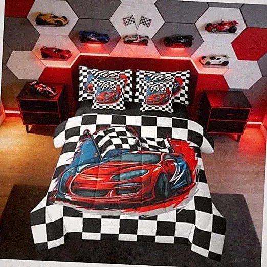 Racing 7 Piece Bedding Set Size Race Car Competition Twin Red White Black