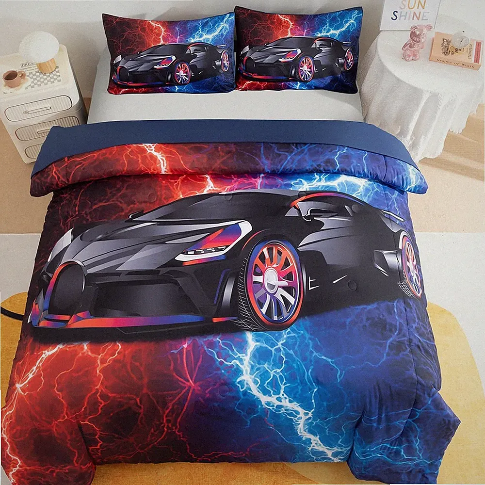 Red Race Car Bedding Full Size, 3 Piece Sports Car Comforter Set, Red Blue