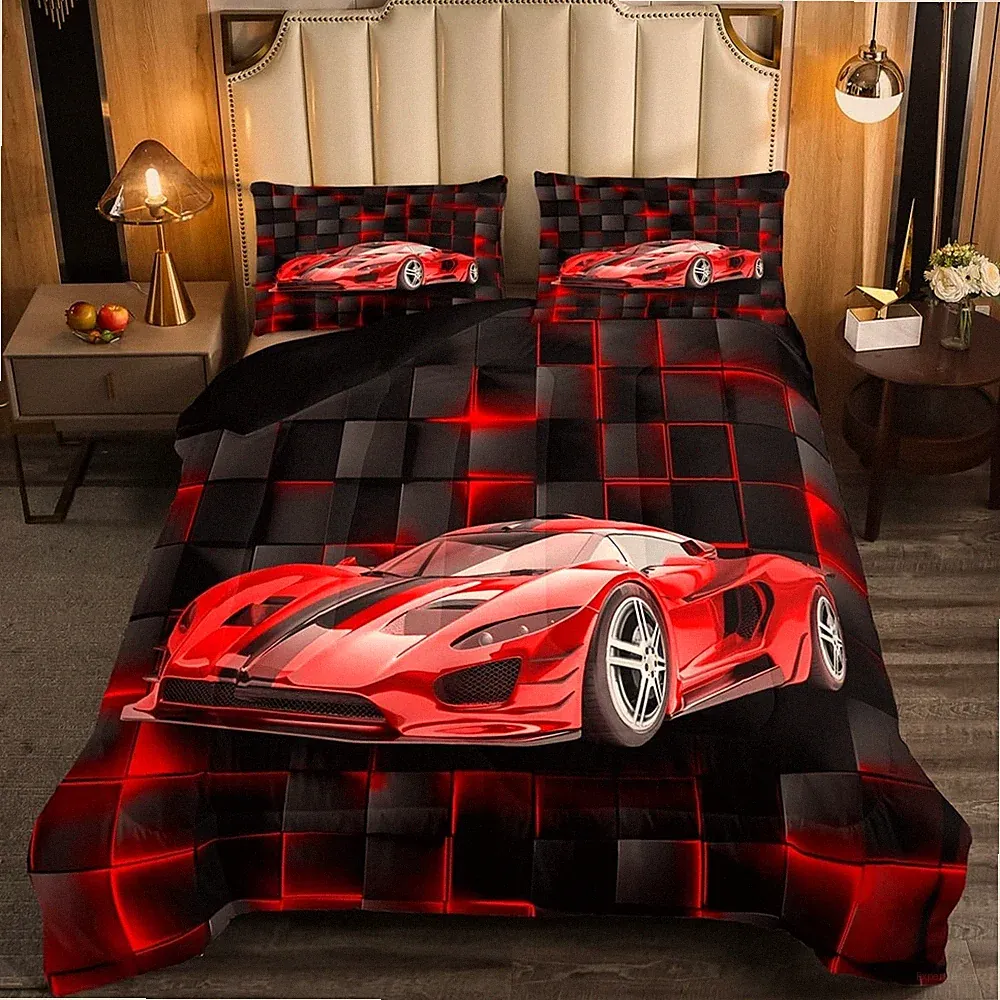 Red Race Car Comforter Set Twin Size Speed Sports Car Bedding Set for Boys Te...
