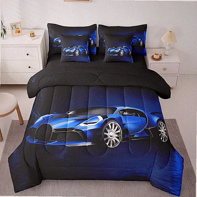 Sports Car 7 Piece Bedding Set Blue Race Car Comforter Set with Sheets for Kids