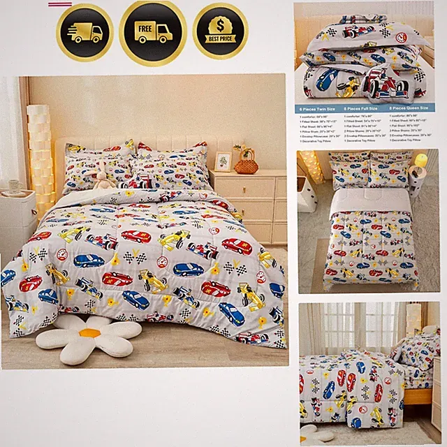 Twin Size Comforter Sets for Boys Kids, 6 Pieces Bed in a Bag Racing Car Bedd...