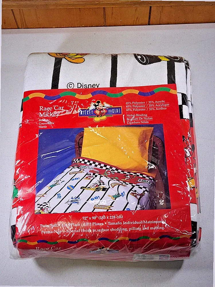 Vintage Race Car Mickey Mouse Disney Blanket 72" x 90" Twin/Full NOS