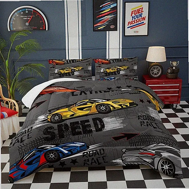 Vroom Vroom! Race Car Twin Comforter Set: Fueling Dreams for Little Speedsters!